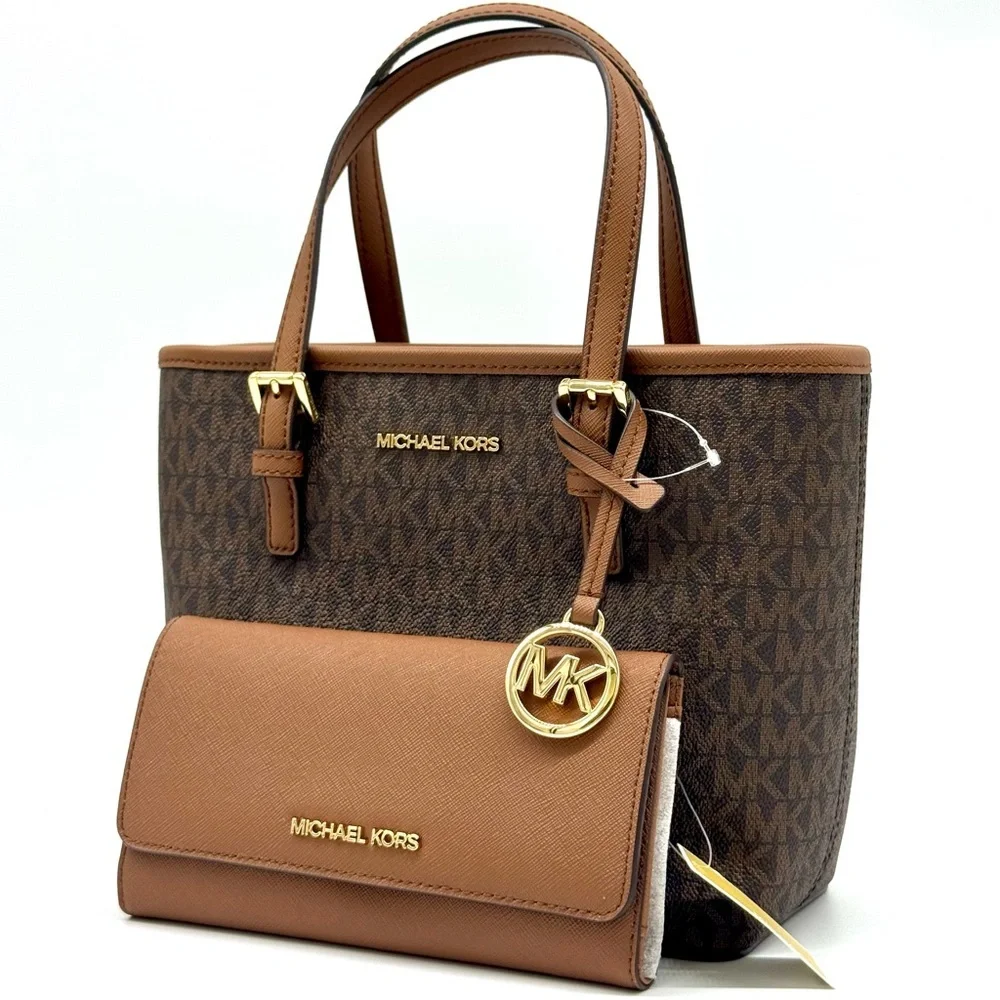 Michael Kors JST XS Logo TZ Tote Bag & Matching Trifold Wallet Signature Brown